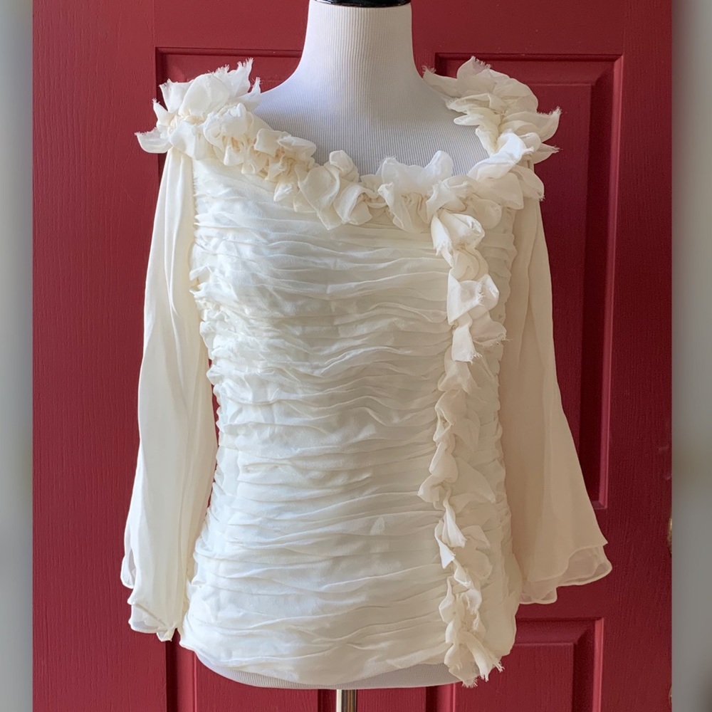 Tadashi Shoji Ivory Ruched Silk Top Size 12